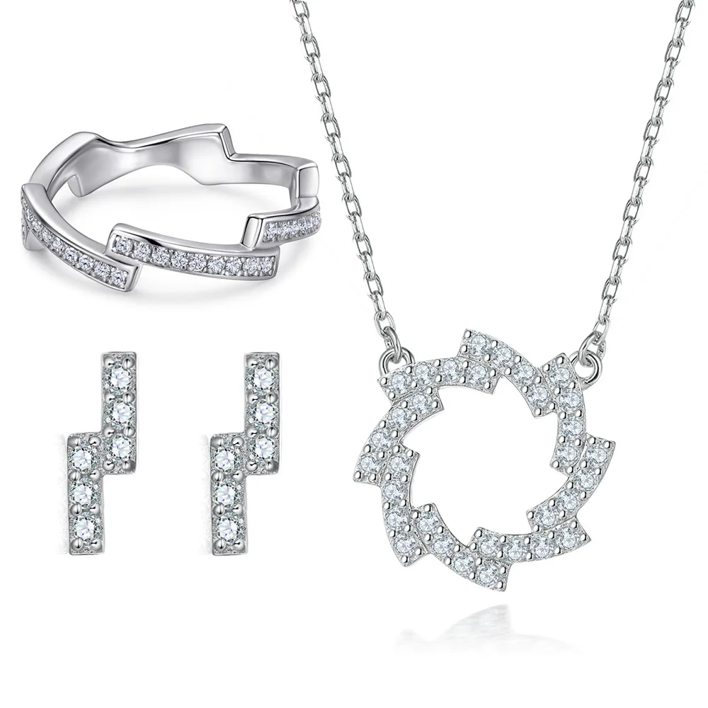 

S925 sterling silver plated 18K gold PT950 platinum diamond wave ring Z-letter earrings sunflower necklace fashion set