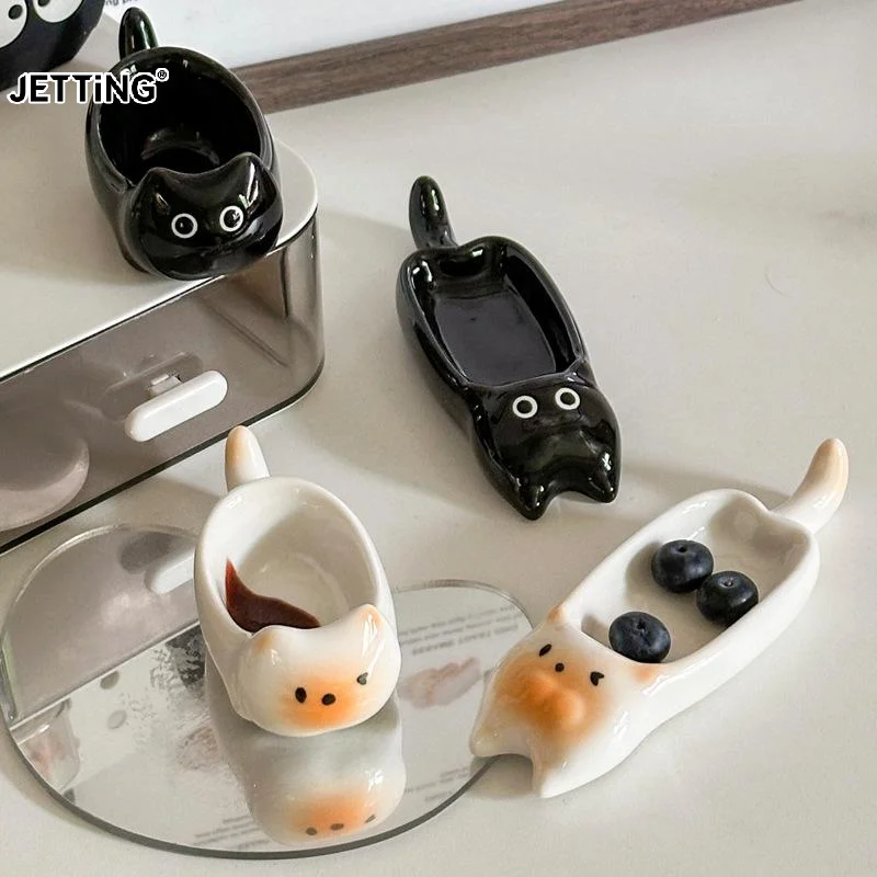 Ceramic Cat-Shaped Mini Dipping Plate Side Dish Small Bowl Home Diningware Kitchen Table Decorative Cat Bowl