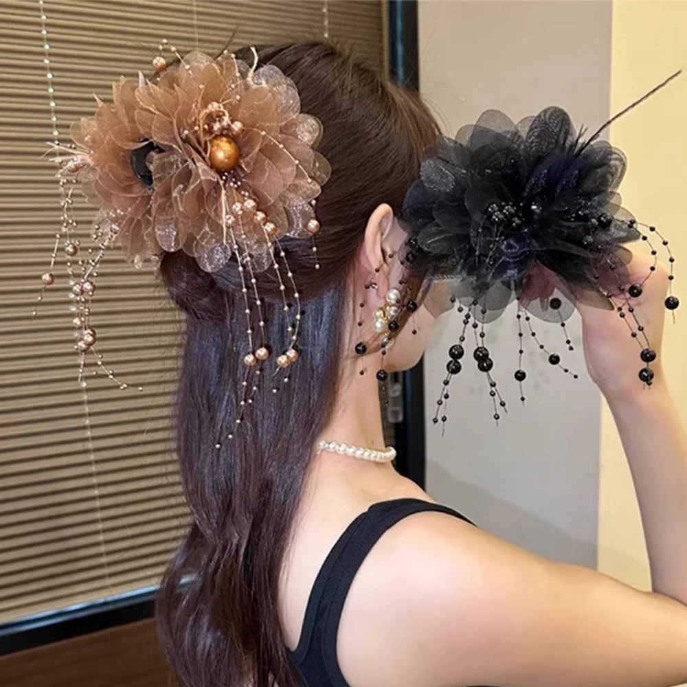 

Fashion Elegant Mesh Flower Hair Claws Grab Pearl Tassel Women Shark Ponytail Hair Clips Hairpins Hair Accessories Headdress