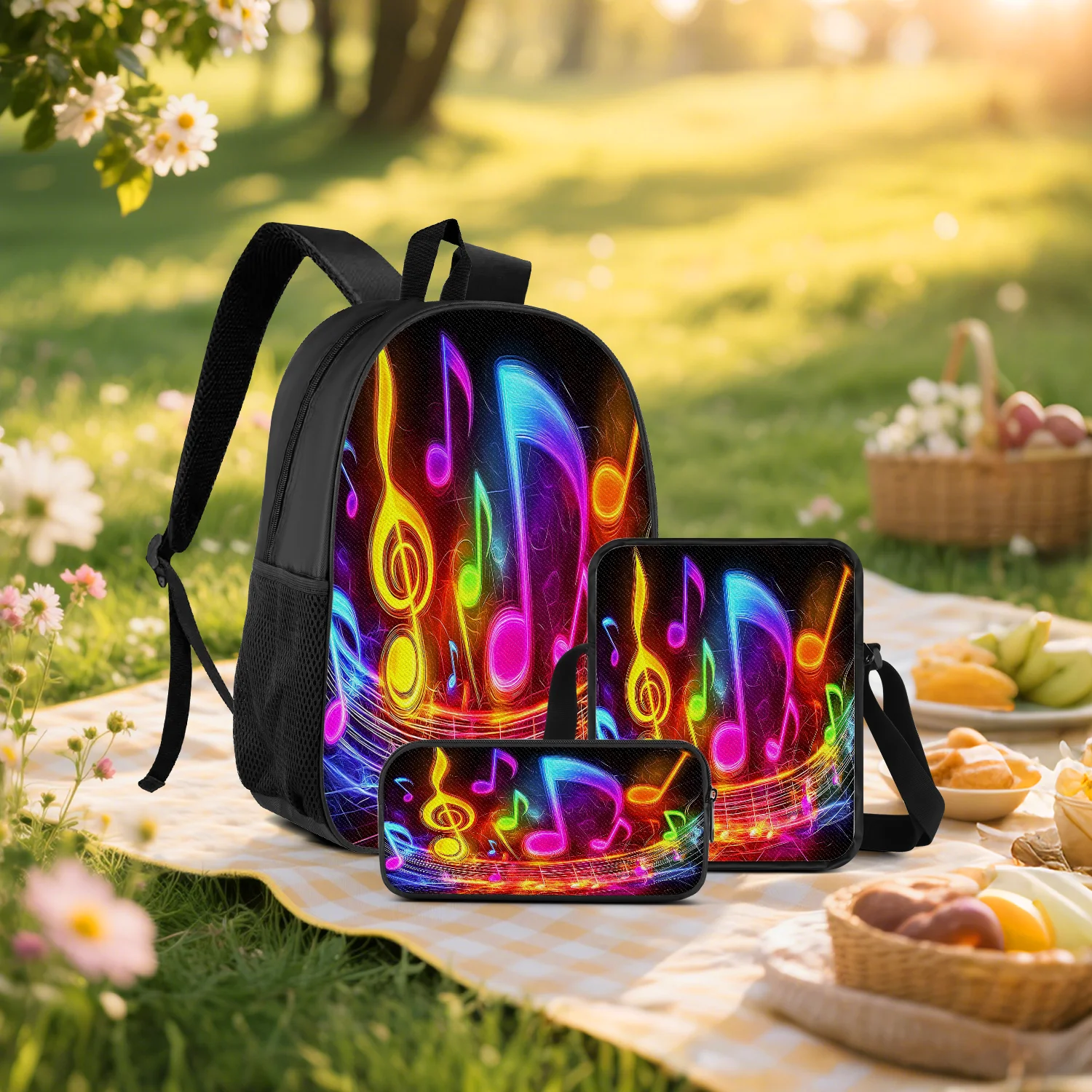 3-Piece Neon Music Note Print Backpack Set, Includes Backpack, Crossbody Bag and Pencil Case, Lightweight Unisex