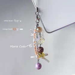 Personalized Morse Code Phone Charm Chain Strap Women Yellow Flower Bow Snowflake Star Purple Bead Keychain Camera Decor Jewelry