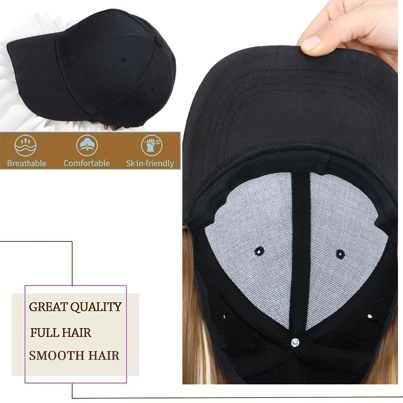 Peluca de gorra de béisbol ajustable de cabello sintético largo lacio negro de 18 pulgadas para mujer, uso diario al aire libre, estilo casual callejero 4