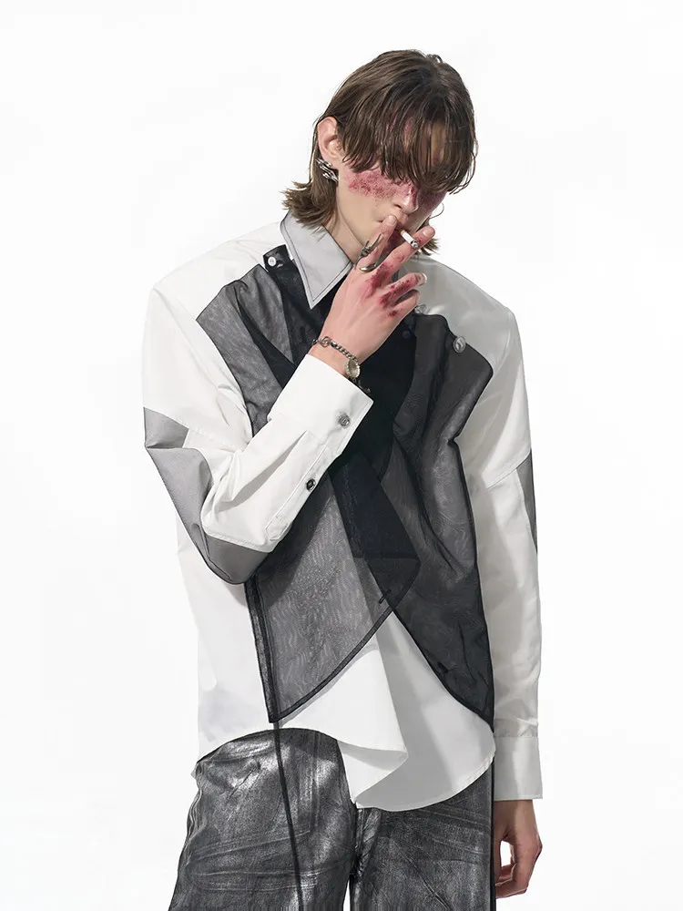 Start Exceed End Men's Long Sleeve Shirt Shoulder Pad Mesh Splicing Design Breathable Spring Summer White Loose Fit Korean Style
