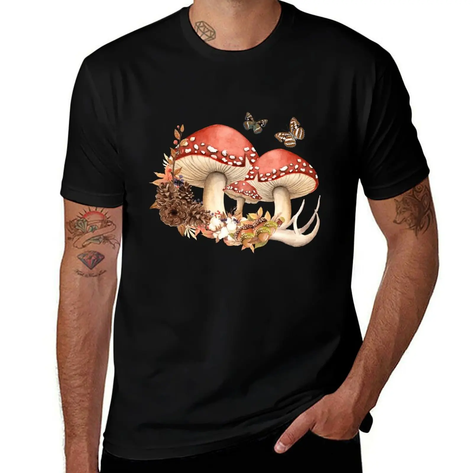 Vintage Mushrooms With Butterflies, Cottagecore Botanical Gift T-Shirt basketball graphic tees quick drying mens clothes