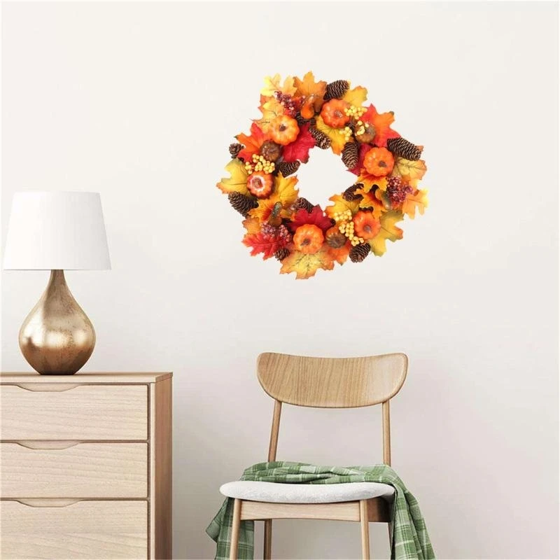 

Wreath Artificial Fall Floral Pumpkins Berries Decoration Autumn Harvest Thanksgivings Halloween Indoor Outdoor Ornament 15UB
