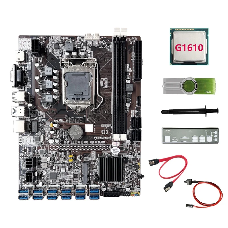 

B75 ETH Mining Motherboard 12USB3.0+G1610 CPU+64G USB Driver+SATA Cable+Switch Cable+Thermal Grease+Baffle For BTC Miner