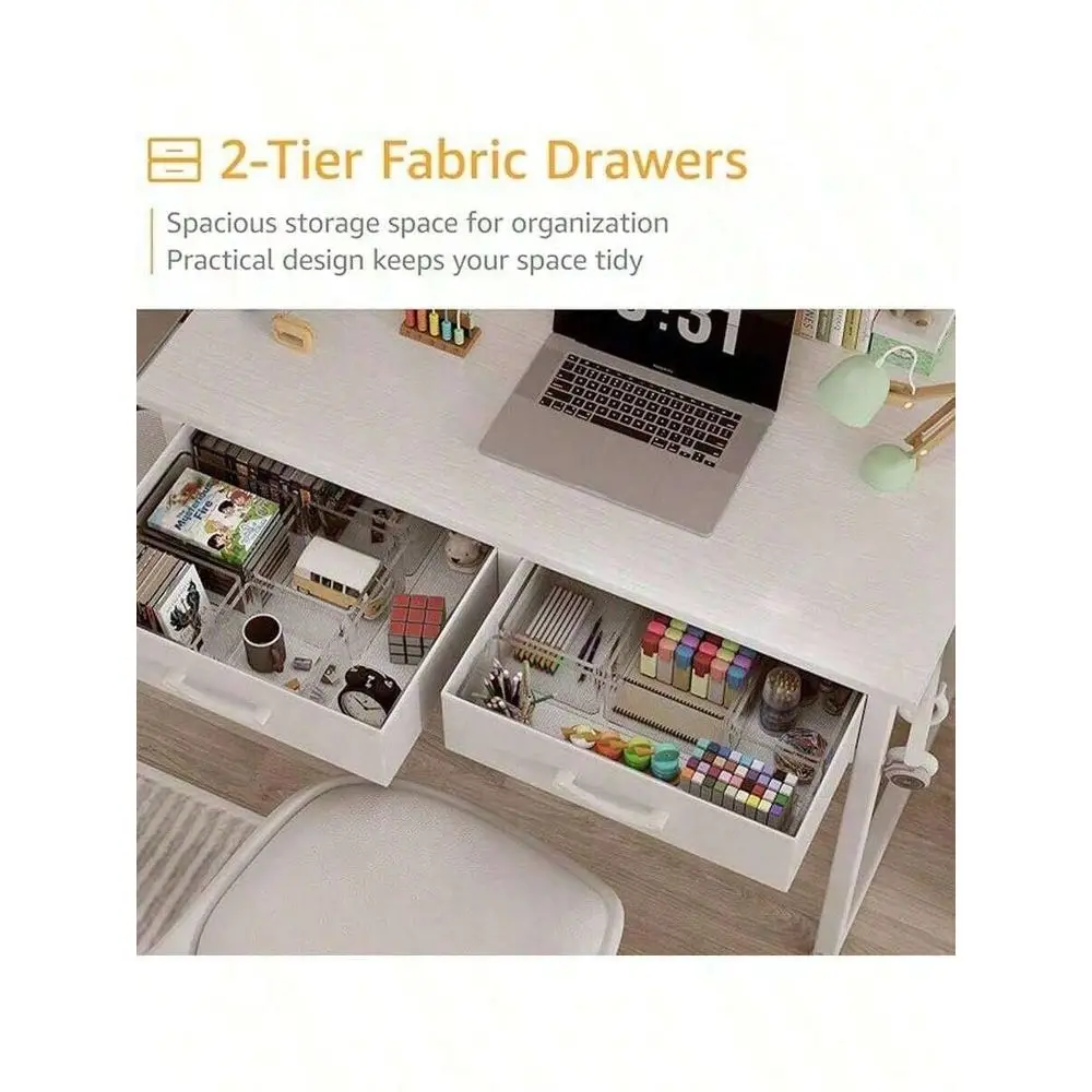 

Inch Small Desk With Fabric Drawers Vanity Table With Storage Drawer Bag. Writing Desk For Bedroom Study, Small Spaces