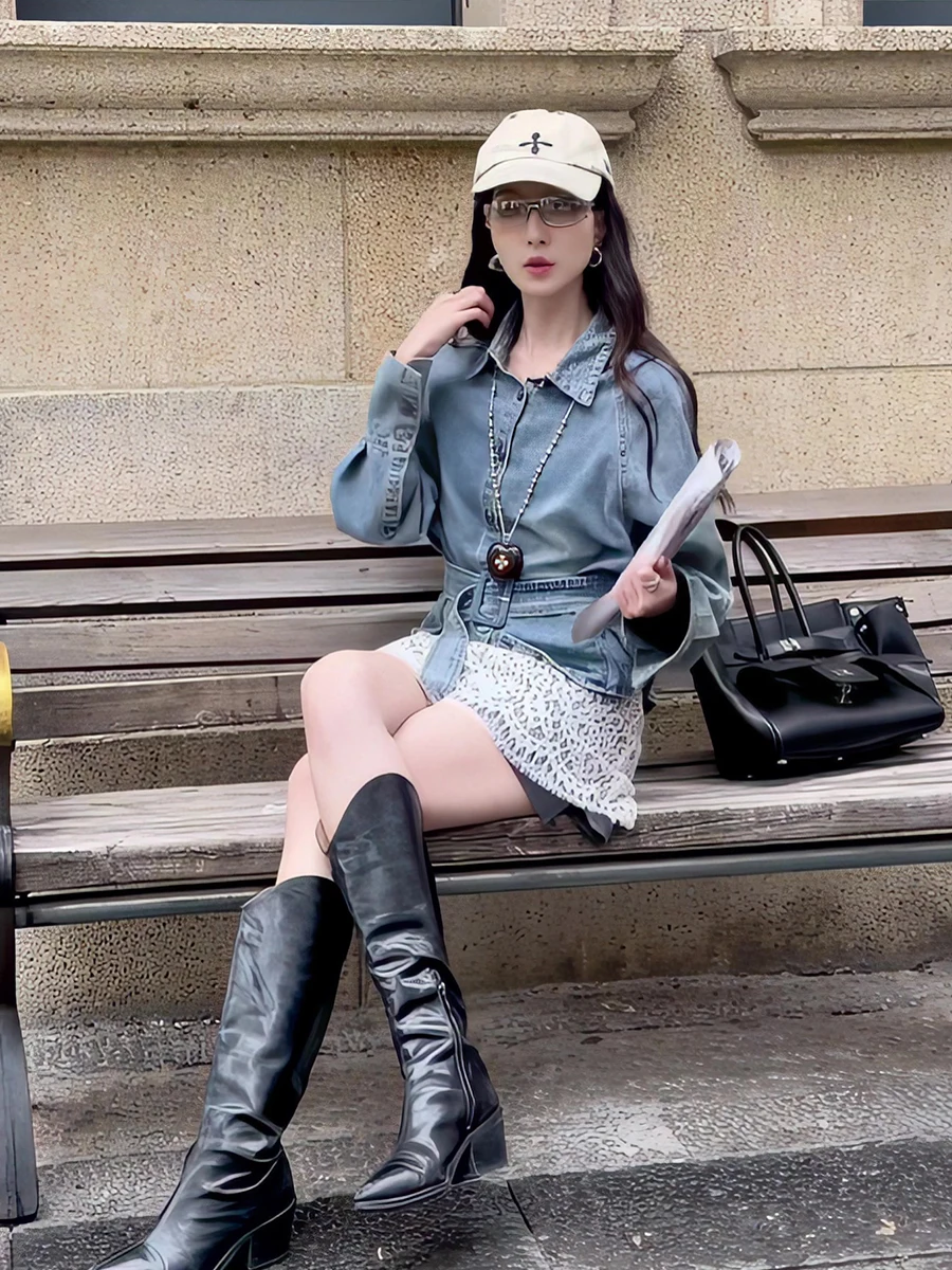 

Slimming Light Blue Denim Shirt Women's Loose Fit Belted Waist Top Casual Style Polyester Long Sleeve mid Weight Polyester