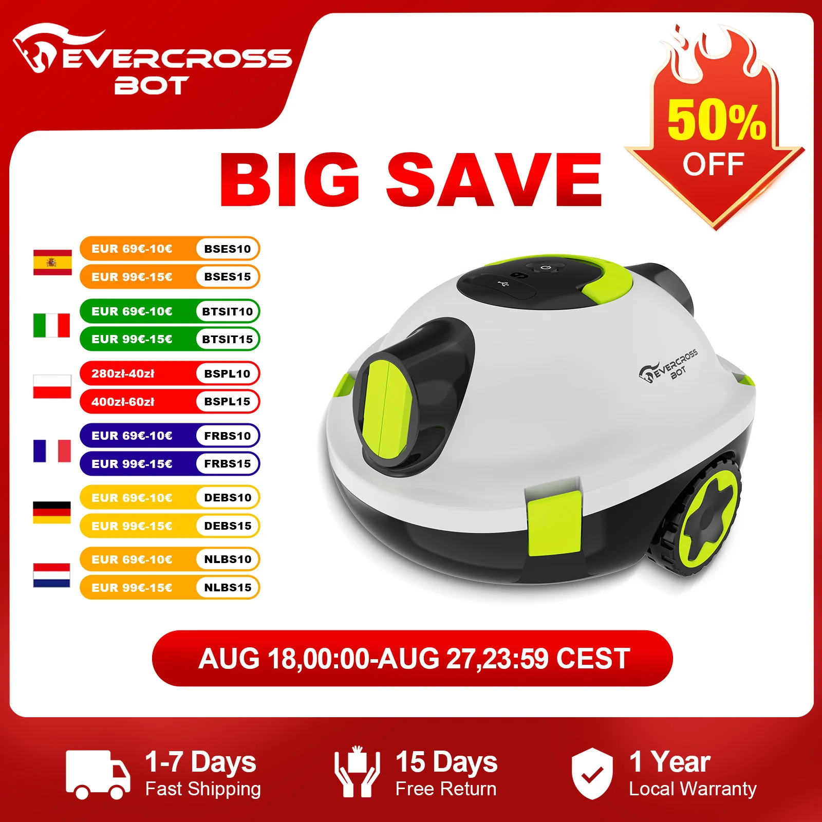 EVERCROSS BOT Y10 Robots de piscina, limpieza de suelos de 100 min, área de limpieza 120m 2, función de autocaravana, filtro de 180 μm
