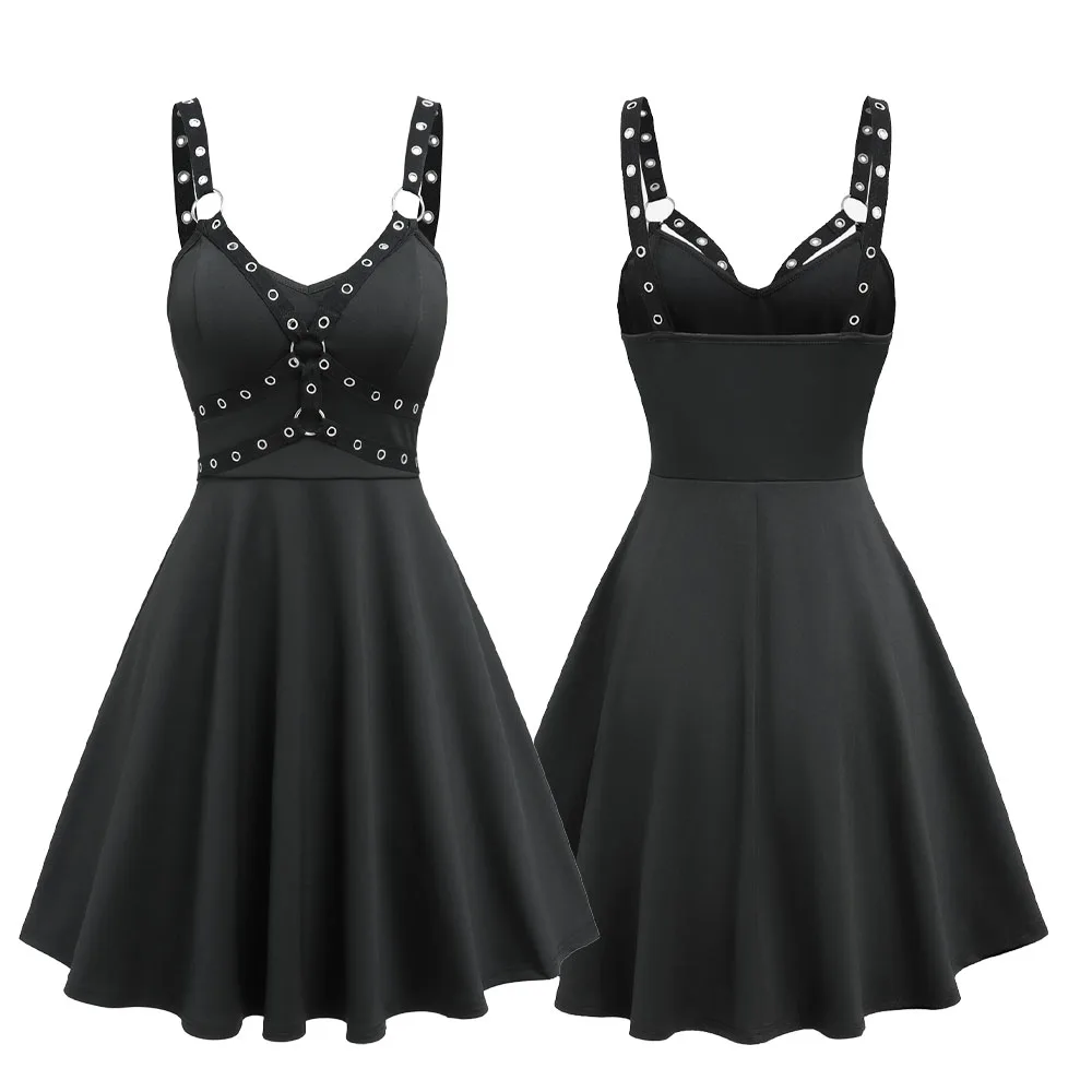 

2026 New Gothic Straps Grommets O-Ring A Line Dress Vestidos Women Summer Sleeveless Black Dresses