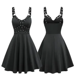 2026 New Gothic Straps Grommets O-Ring A Line Dress Vestidos Women Summer Sleeveless Black Dresses