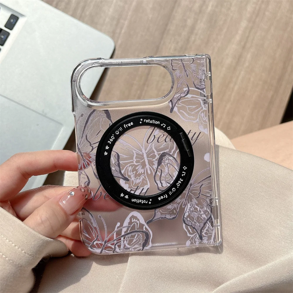 Simple Butterfly Magnetic Phone Case For Samsung Z Fold 8 ZFold8 Fold8 Cover with Magsafe Love Stand Holder Korean Cute Cases