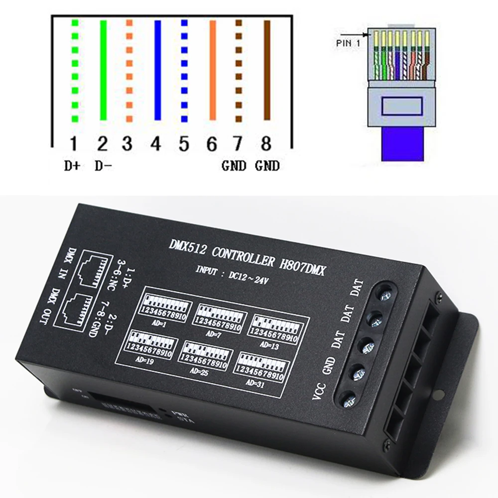 H807DMX DMX512 Controller DMX SPI Decode 1024 pixels RGB Controller 14 Channels DMX Controller For WS2812 WS2813 DMX Stage Light