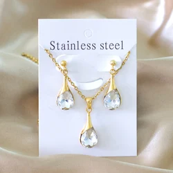 LUXUKISSKIDS Stainless Steel Dubai Golden Jewelry Sets Shiny Water Drop Shape Zircon Pendant Necklace and Earrings For Women