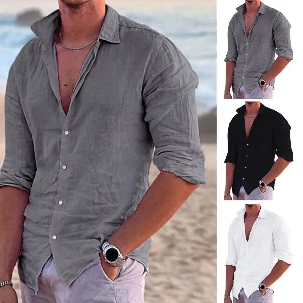 Cotton Linen 2023 Summer New Men\'s Solid Color Linen Casual Shirt Cardigan Long Sleeve Thin Breathable Shirts US S-3XL