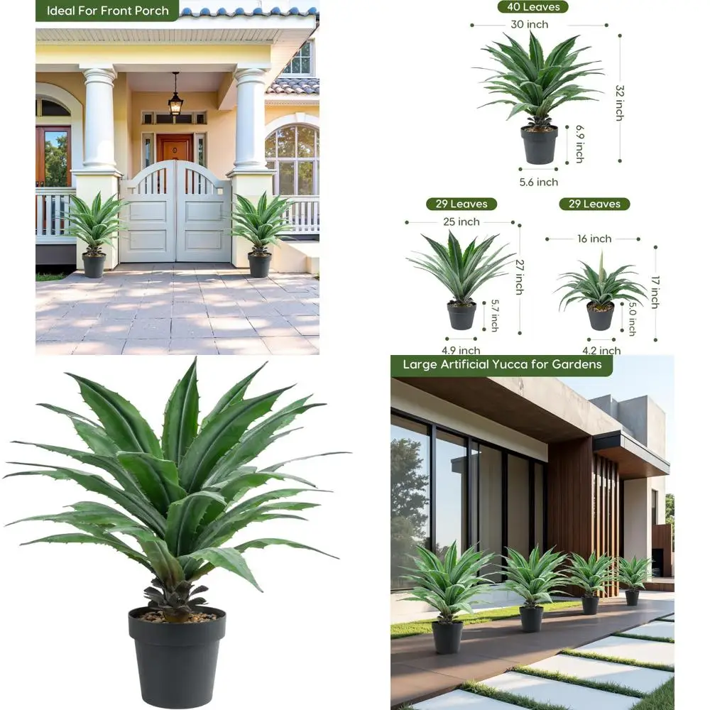 

32-дюймовая искусственная агава в черном горшке с 40 листьями и настоящими каменными камешками для внутреннего и наружного декора