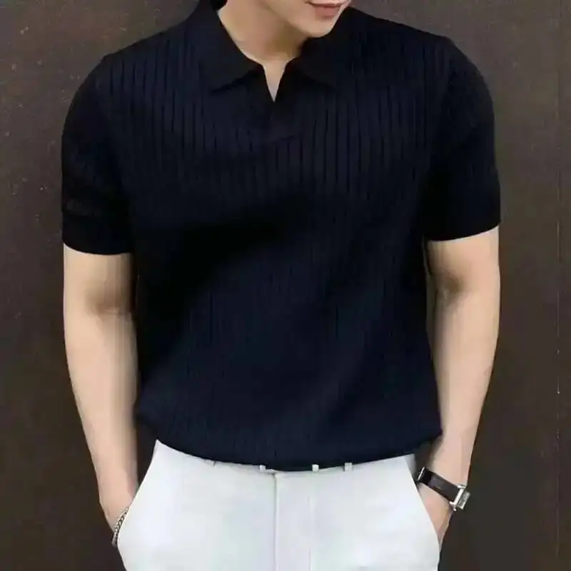 Business Casual Men's T-shirt Knitting Pullover Top Short Sleeve Korean Style Lapel Slim Fit Knitwear Men Wear Summer 99DPM