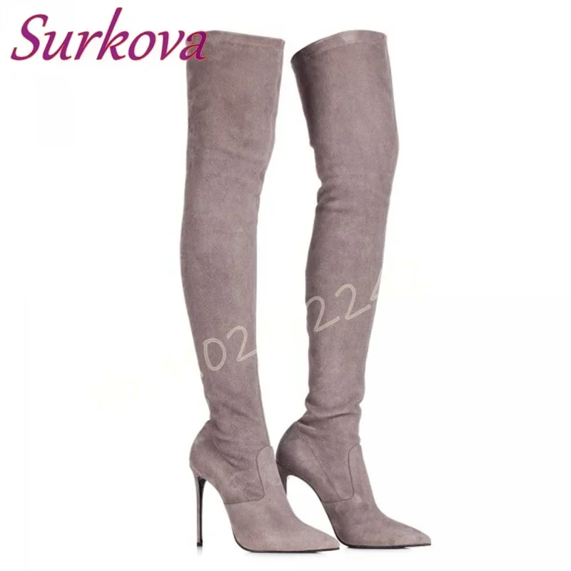 

Осенние замшевые сапоги выше колена для женщин, эластичные сапоги без шнуровки на шпильке с острым носком, сексуальные вечерние высокие сапоги для танцев на пилоне