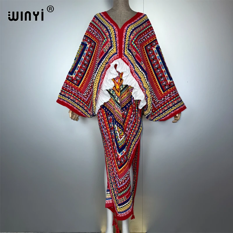 เดรสพิมพ์ลายสไตล์โบฮีเมียน WINYI สำหรับผู้หญิง ดีไซน์ยับๆ ทรงหลวม ชุดเดรสยาวแบบแม็กซี่ สไตล์ผู้หญิง ชุดเดรสสำหรับวันหยุด งานปาร์ตี้ ชุดเดรสจีบหรูหรา