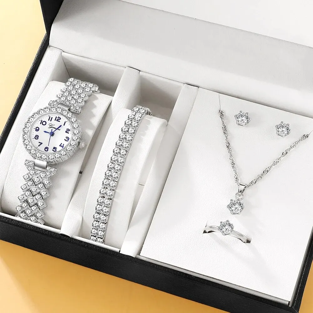 6pcs/set Women's Watch Luxury Rhinestone Quartz Watch Analog Stainless Steel Wrist Watch & Jewelry Set, Gift For Mom Her