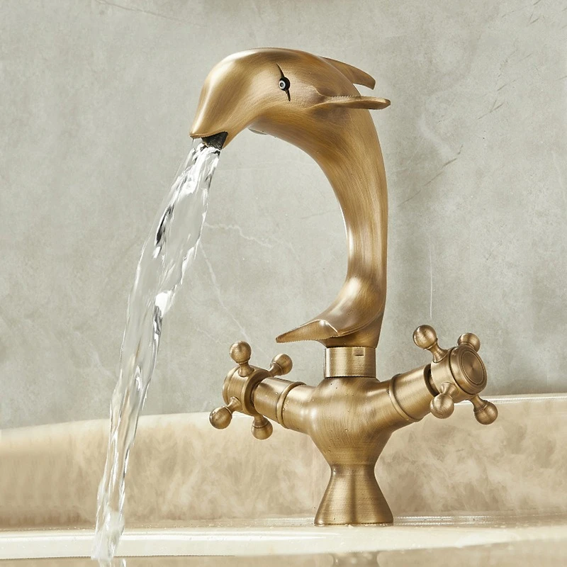 Antiker Messing-Wasserhahn in Delfinform, Badezimmerschrank, Theke, Waschbecken, kalt und heiß, Doppelgriff-Wasserhahn, spritzwassergeschützt