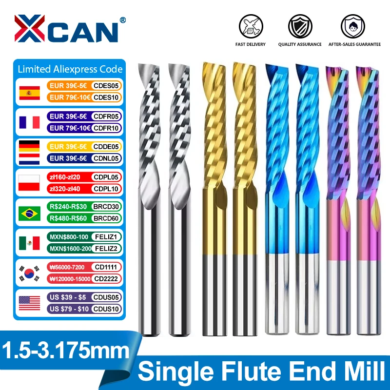 XCAN End Mills 10pcs 2x8mm 3.175 shank Single Flute Spiral Router Bits for Cut Wood/Plastic 1 Flute CNC Milling Cutter 