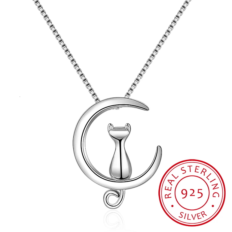 925 Sterling Silver Necklace For Women Moon Kitten Cat Necklaces & Pendants Link Chain Kolye S-n187