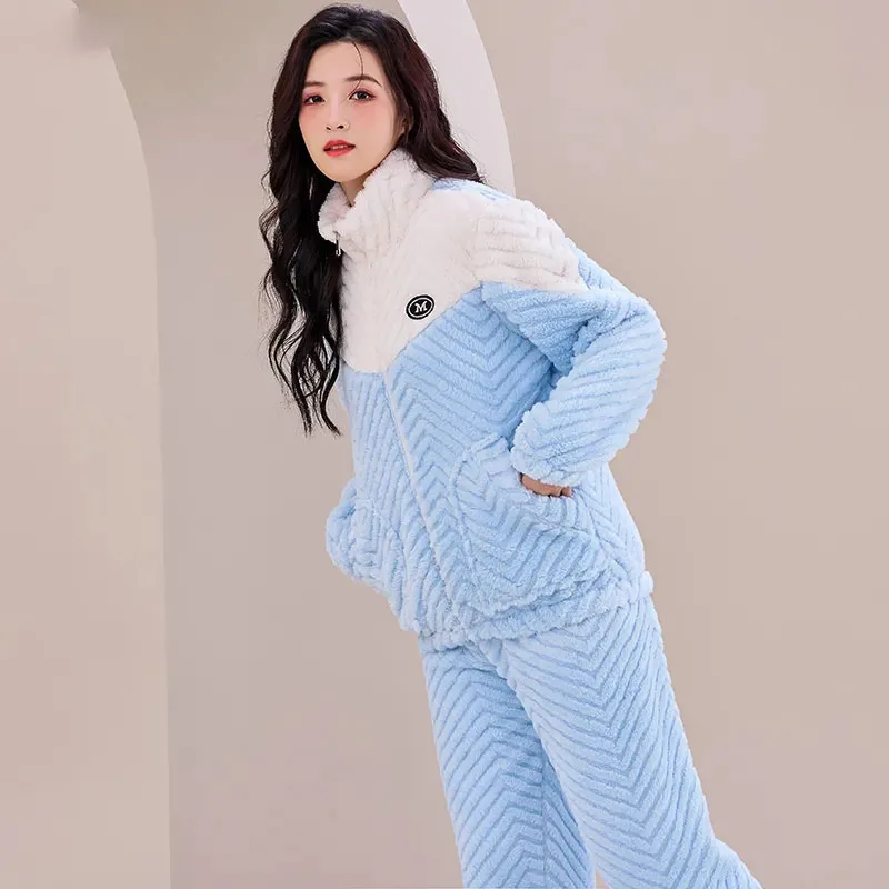 

New Autumn Winter Pajamas wWomen's Outside Wear Splicing Plus Velvet Thicke Zipper Loose Home Clothes Suit Warm Parker Coat