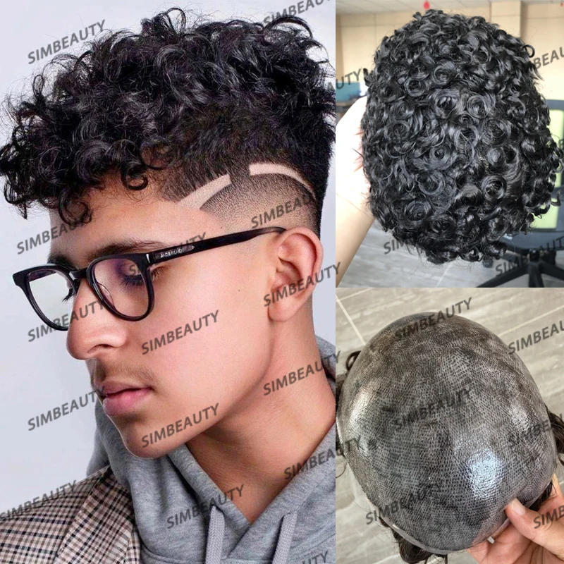 

Full Skin Base Men Toupee 18mm Curly Human Hair System Capillary Prosthesis 1B20 Grey Man Hair Wigs Replacement Natural Hairline