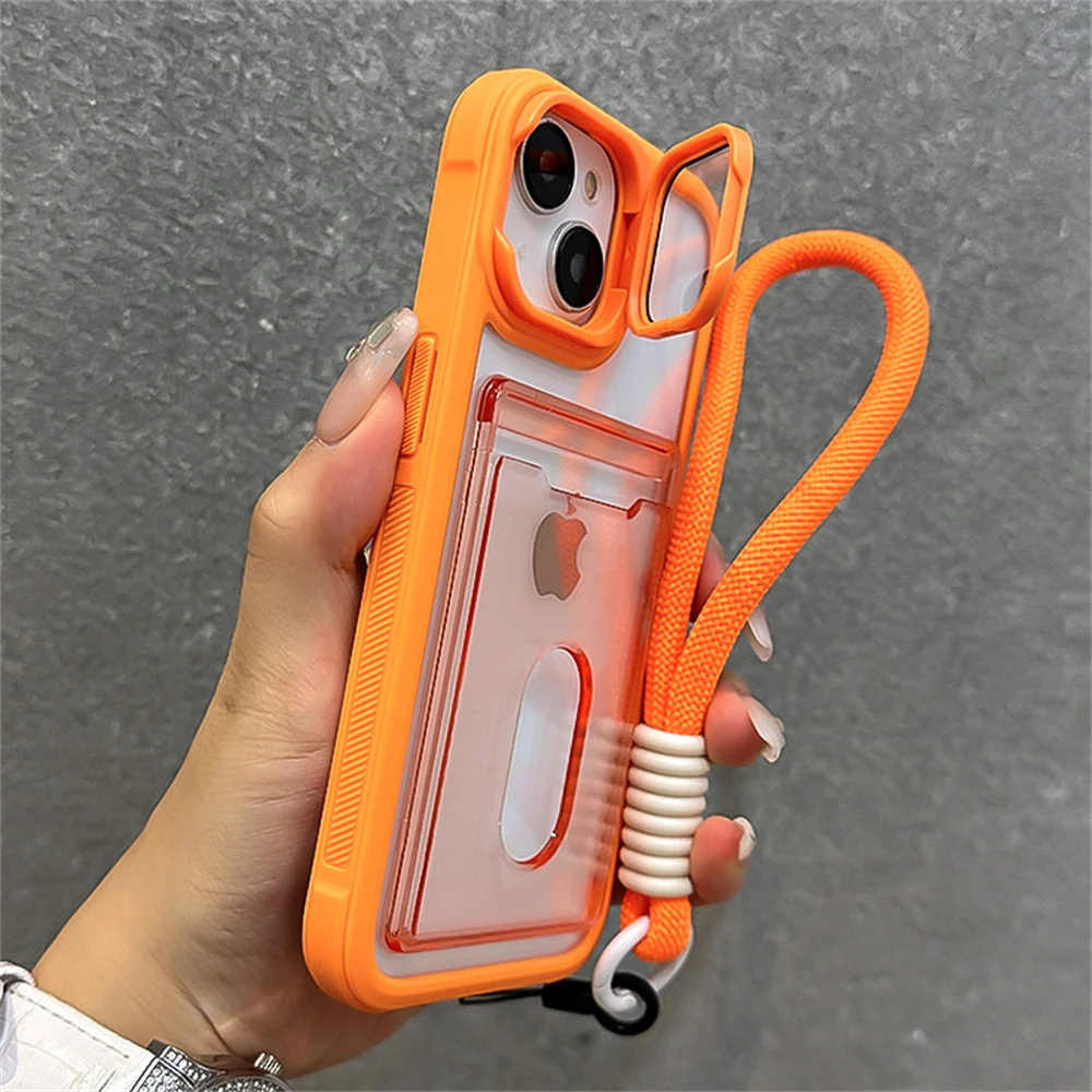 Acrylic Card Holder Clear Phone Case for iPhone 16 15 14 13 12 11 Pro Max Plus Hand Strap Camera Stand Bracket Shockproof Cover