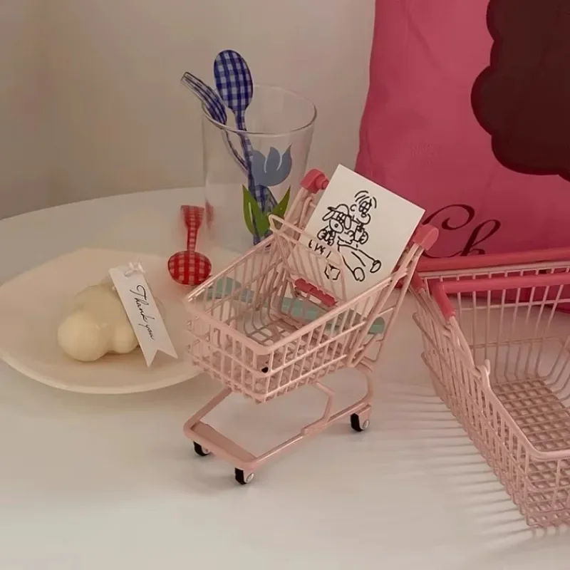 Ins Cute Pink Mini Trolley Creative Desktop Storage Basket Kawaii Dollhouse Furniture Toy Decoration Accessories Novelty Storage