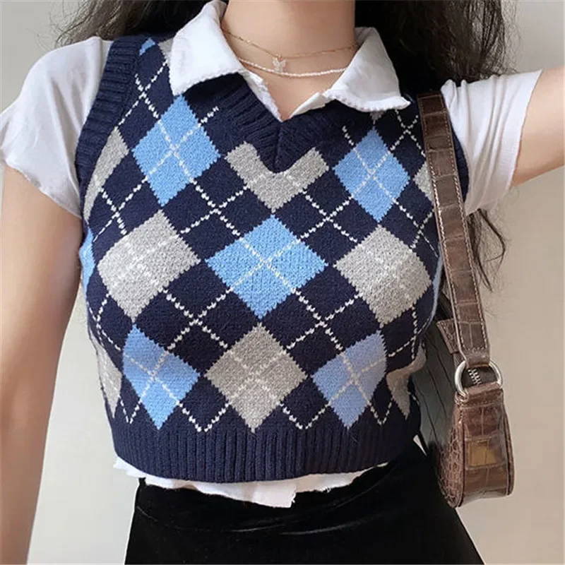 Vintage Argyle Knitted Sweater Vest Women Preppy Style V Neck Sleeveless Crop Sweaters Haut Femme