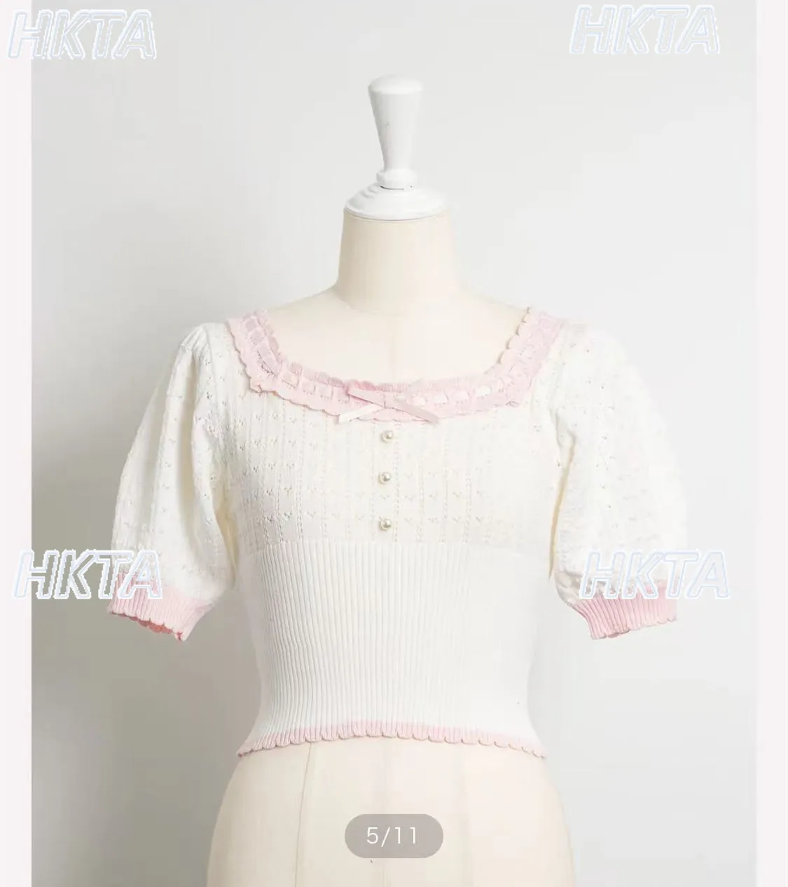 Japanese Summer Sweet Lolita Pearl Thread Lace Bow Knitted Tshirt Commuter Slim Square Neck Bubble Short Top Black T Shirt Women
