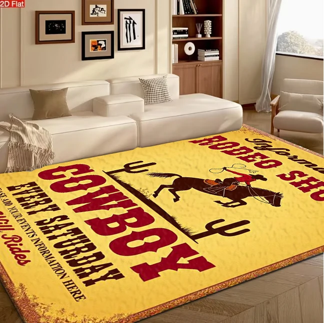 Vintage Western Rodeo Cowboy Poster Art carpet flooring, Retro Wild West Graphic Print Area Rug for Living Room Bedroom Home Floor Ornament
