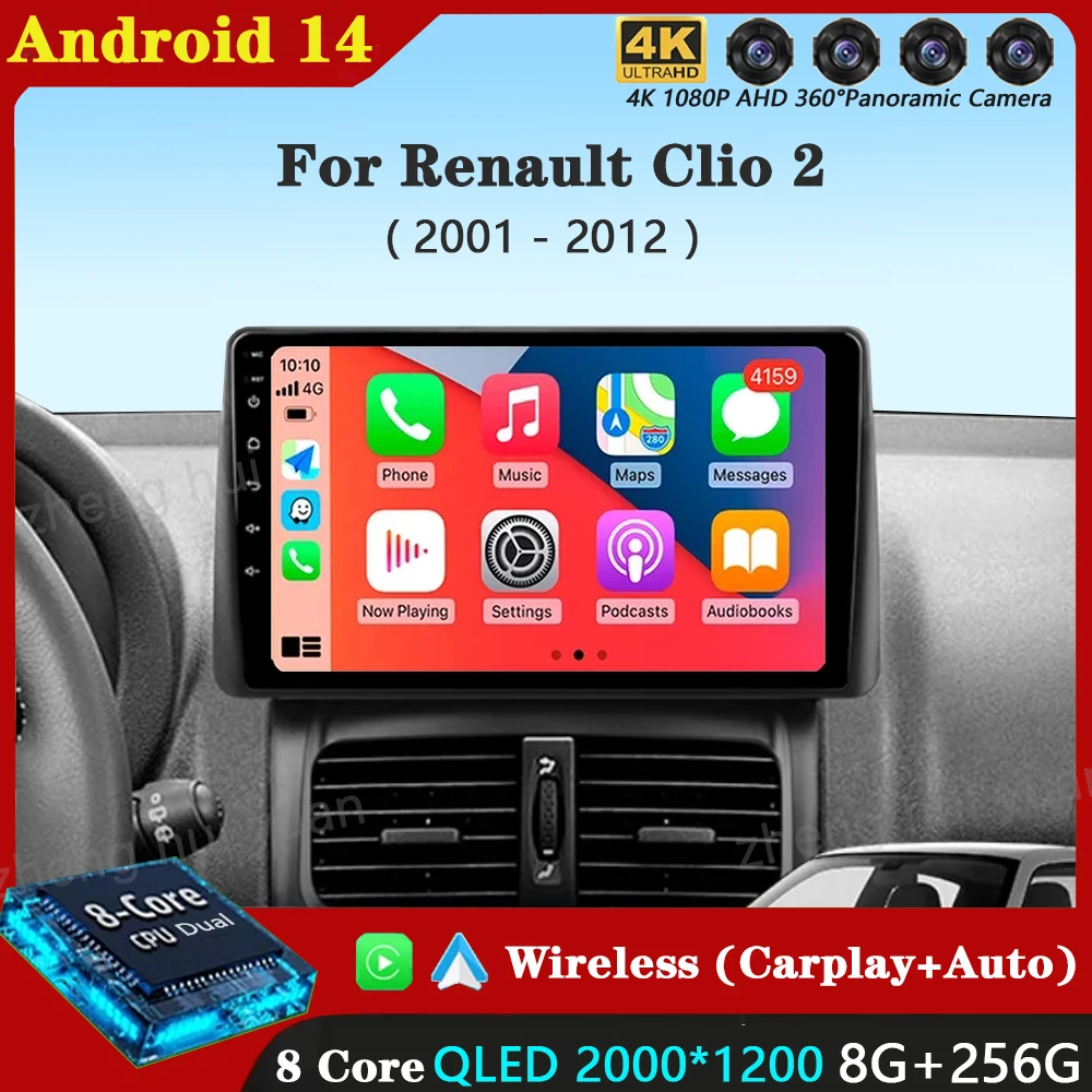 

Автомобильный радиоприемник с беспроводным Carplay для Renault Clio 2 BB CB 2001-2012 навигация GPS Android авто QLED экран стерео Android 14