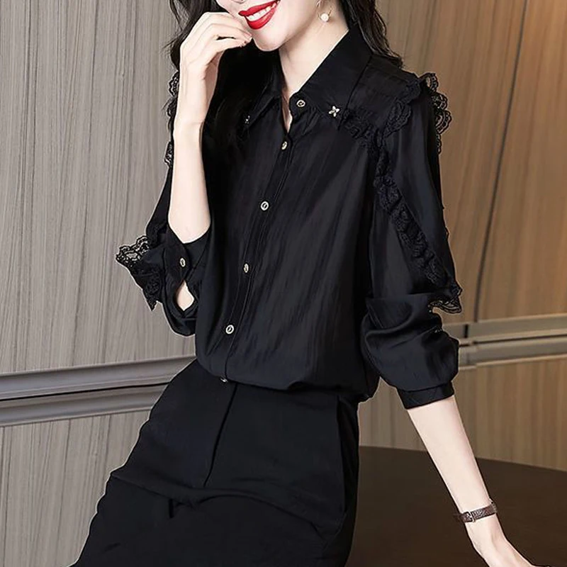 Women\'s Clothing Lace Patchwork Elegant Button Up Shirt Korean Fashion Black Long Sleeve Loose Blouse Casual Office Lady Blusas