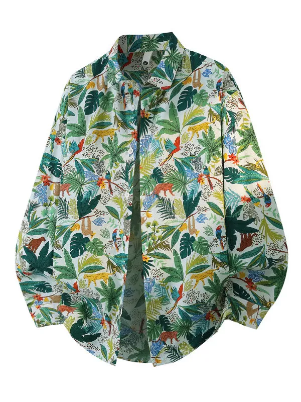 

Loose Long Sve Plant Print irt Men's Spring Autumn Cotton Flannel Casual Faion Stand Fit Button up Cardigan