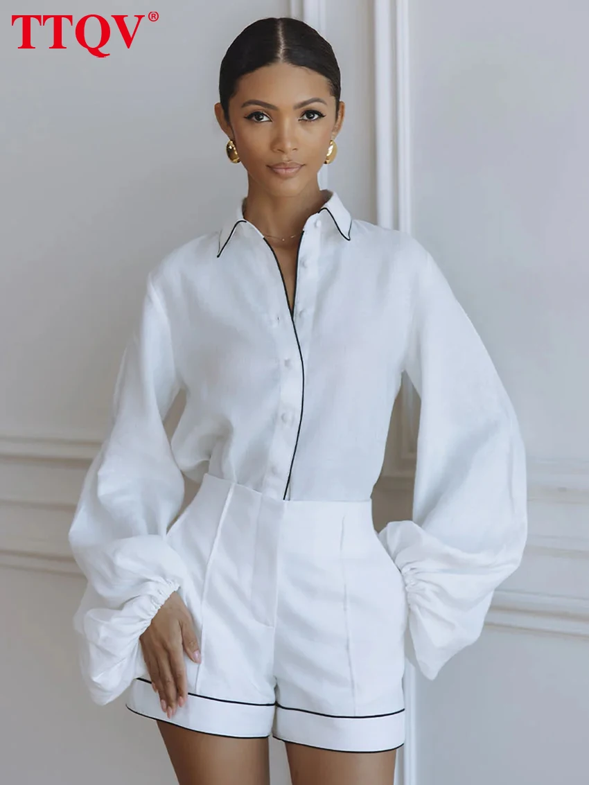 

TTQV Fashion Loose White Cotton Women's 2-Piece Set 2026 Elegant Long Sleeve Shirt With High Waist Shorts Set Female Clothing