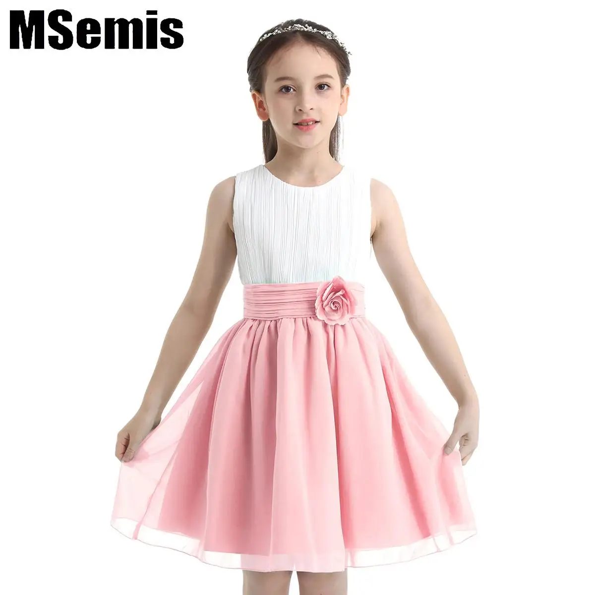 

Festive Girls Dress Princess Flower Girls Wedding Party Chiffon Dress Elegant Sleeveless Two Tone Applique Knee High Dresses