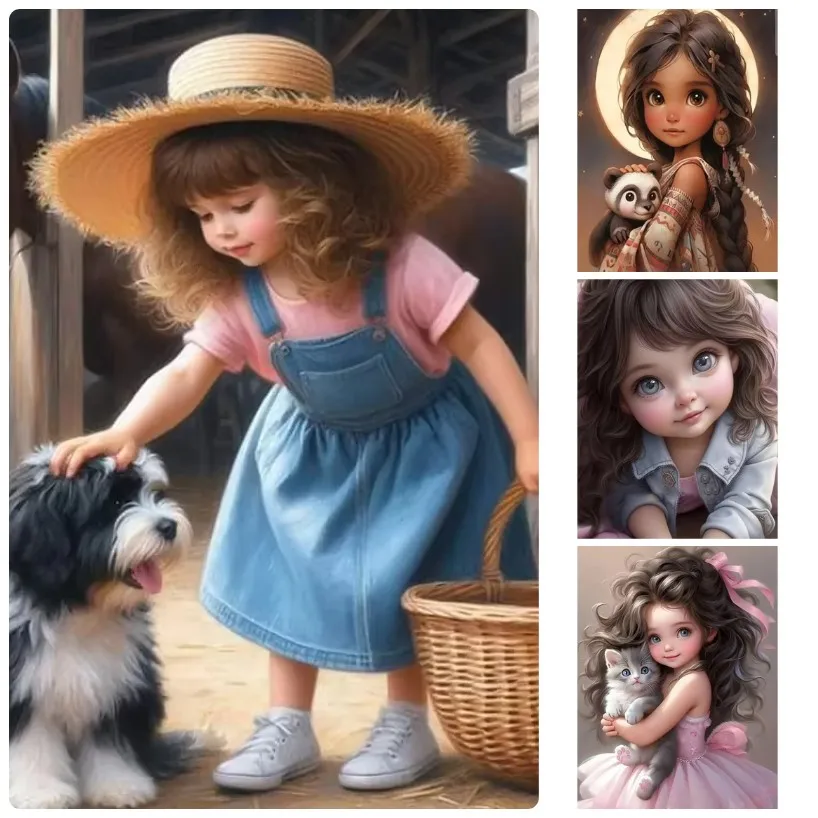 colecao-de-quebra-cabecas-de-menina-e-pequeno-animal-de-estimacao-no-campo-arte-realista-aconchegante-de-crianca-rural-e-animais-para-decoracao-de-interiores