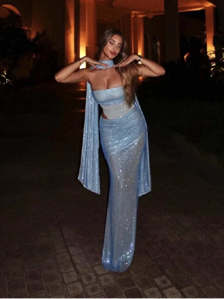 2025 mujeres celebridad Sexy fuera del hombro acanalado rebordear azul cielo Maxi Vestido largo elegante fiesta de noche Club Vestido