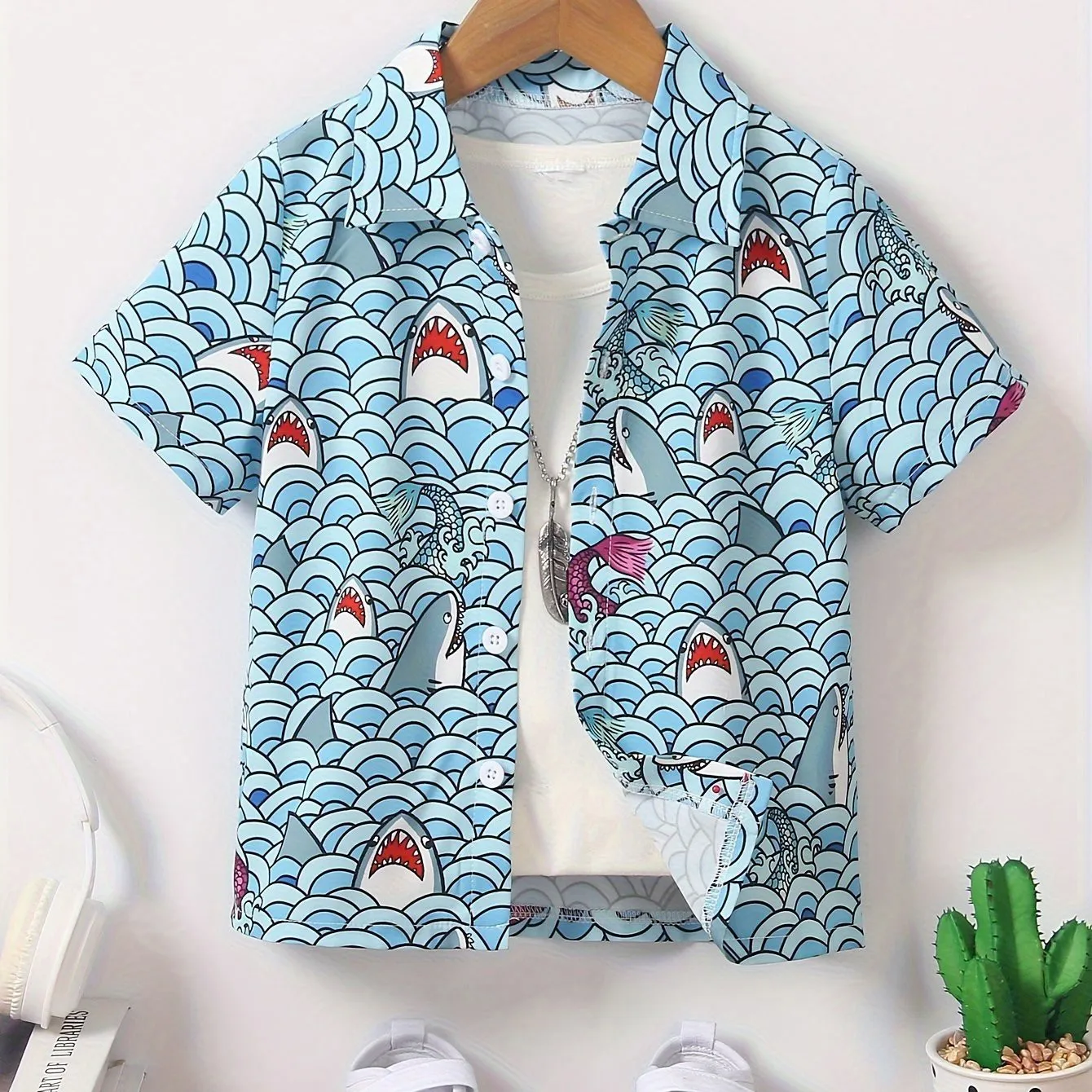 Boy's Trendy Hawaii Shirt Breathable Durable Kids Casual Short Sleeve Tropical Pattern Front Button Summer Beach Tops