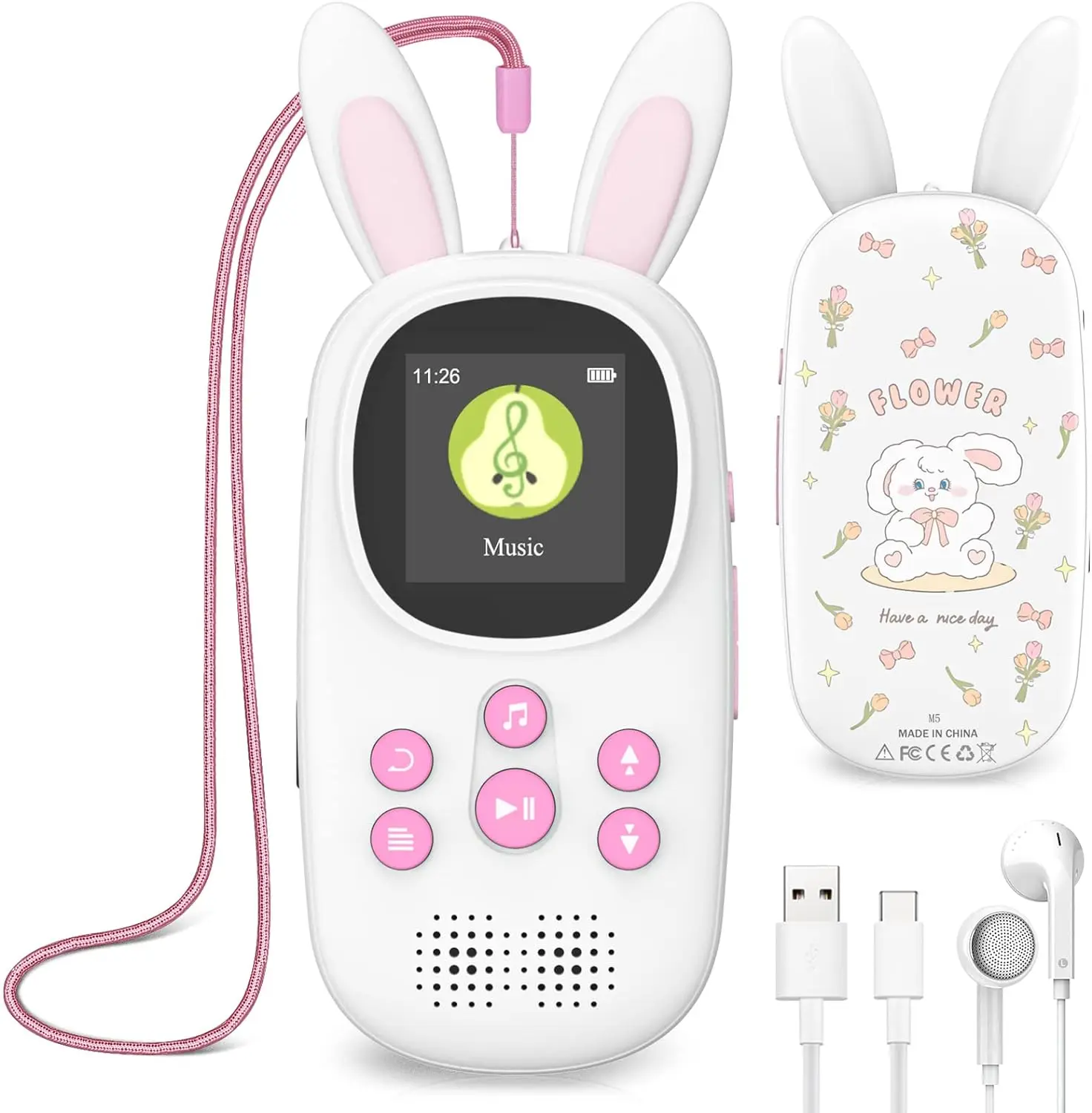 32GB Music MP3 Player for Kids, Cute Bunny Kids Music MP3 Player with BT, MP3 & MP4 Players with Spe