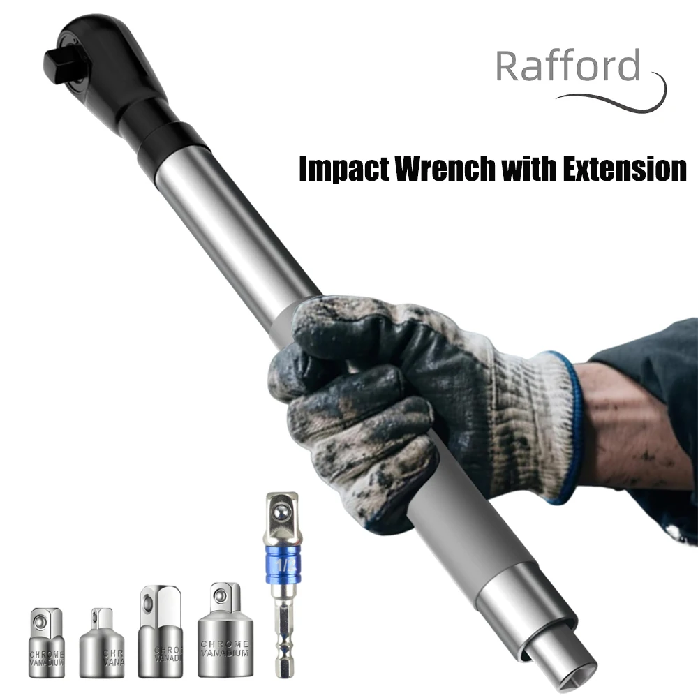 

Rafford Offset Impact Extension Wrench Auto Repair Tool with 4 Socket Adapters and 1/2 Inch Drill Adapter for Tight Spaces
