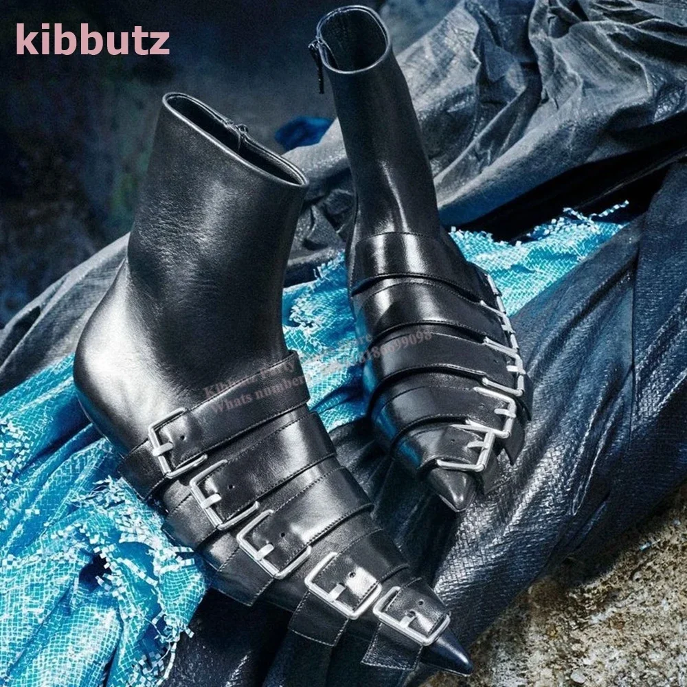 

Belt Buckle Ankle Strap Boots Novelty Leather Pointed Toe Flat With Side Zipper Solid Color Fashion Novelty Sexy Women Shoes New
