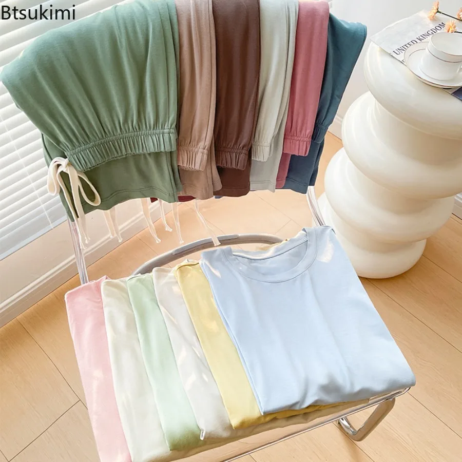 New Women's Spring Summer Simple Lazy Style Pajama Set Loose Thin Comfortable Elastic Pants Three Piece Set for Home Wear Female