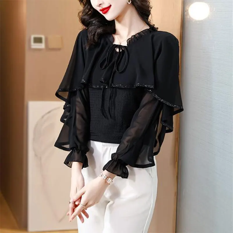 Commute Vintage Cloak Shirt Women\'s Clothing O-Neck Elegant Ruffles Spliced Spring Autumn Slim Chic Sequined Drawstring Blouse