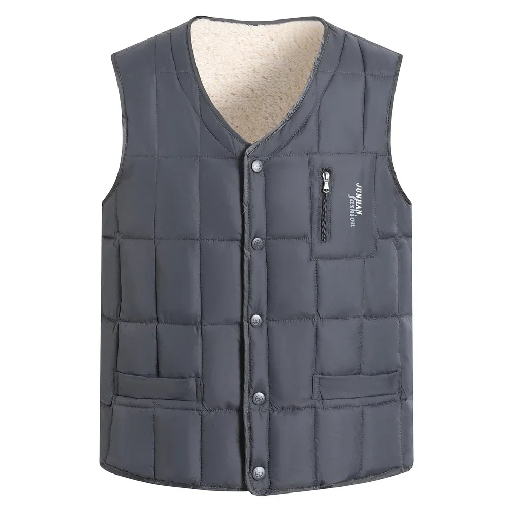 Winter Men\'s Vest Casual Padded Plush Single-breasted Sleeveless Winter Jacket Fashion V-neck Warm Fishing Vest Clothing