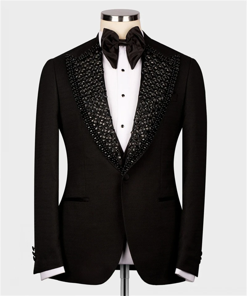 

2PCS Luxury Wedding Tuxedo Black Formal Groom Men Suits Slim Fit Crystals Beaded Male Blazer Pants Tailored Made Prom Party Suit