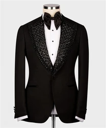 2PCS Luxury Wedding Tuxedo Black Formal Groom Men Suits Slim Fit Crystals Beaded Male Blazer Pants Tailored Made Prom Party Suit